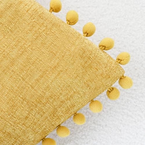 CaliTime Throw Pillow Covers Decorative 20 X 20 Inches Pack of 2 Cozy Solid Dyed Soft Chenille Cushion Cases with Pom Poms for Couch Sofa Bed Living Room Home Gold thumbnail 4