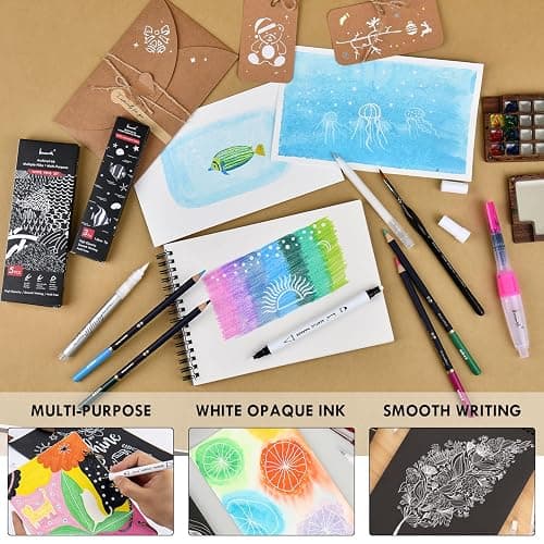 Brusarth White Pens Set, 5 Pack, 1mm White Gel Pens, Dual-Tip Acrylic Paint Pen, Brush Tip Acrylic Markers for Black Paper Drawing, Sketching, Illustration, Card Making, Bullet Journaling thumbnail 5