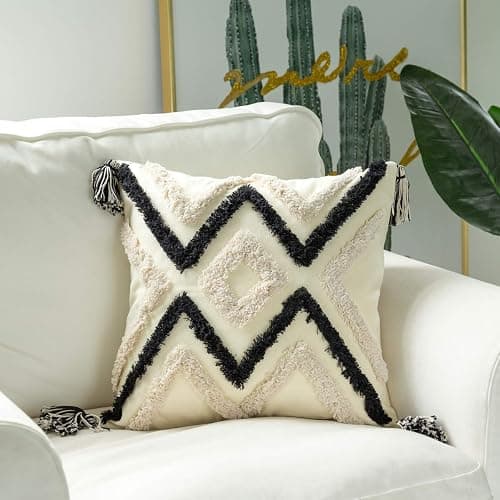 Woven Tufted Boho Throw Pillow Cover, Modern Decorative Geometric Chevron Striped Cushion with Tassels, Farmhouse Tribal Pillowcases for Couch Sofa Bedroom Living Room, 18 x 18 Inches, Black, Ivory thumbnail 4
