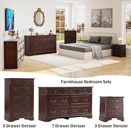 ENOUSHU Farmhouse Dresser and Nightstand Sets, 6-Drawer with 7 Drawer Dresser & 3 Drawer Nightstand Sets, 4 Pieces Rustic Wood Bedroom Furniture Set for Home, Bedroom, Hallway(Dark Brown) thumbnail 3