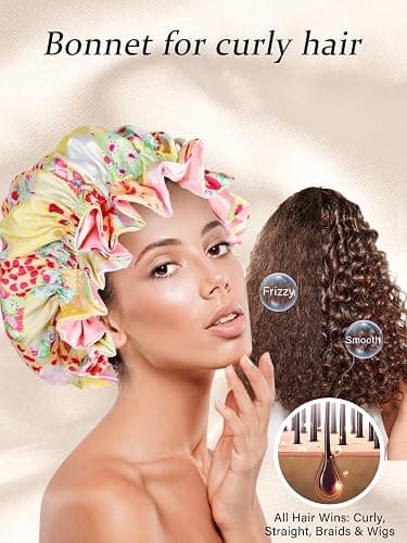 Vettres Floral Satin Bonnet with Scrunchie Set,Double Layer Ruffle Reusable Sleeping Shower Cap for Curly Hair Blue-cherry thumbnail 3