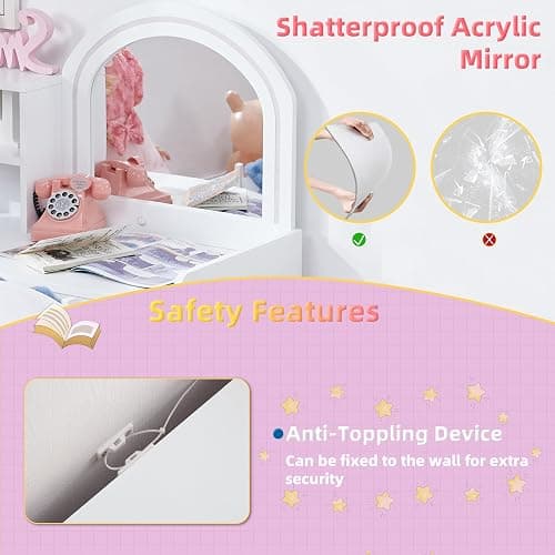 BXKX Kids Vanity with Lights, Vanity Set with Drawer and Storage Shelves, 2 in 1 Toddler Vanity with Lighted Mirror, Girls Vanity Set with Stool for Little Girls (White) thumbnail 5