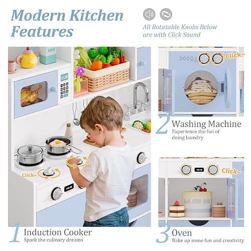Keyluv Wooden Play Kitchen for Kids and Toddler, Montessori Toy Kitchen Playset with Plenty of Pretend Play Features and Storage Drawers, Gift for Boys and Girls, Blue thumbnail 4