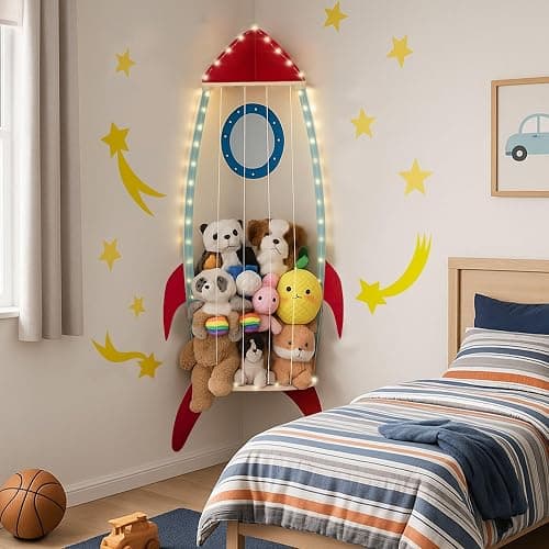 PUTSKA Corner Stuffed Animal Storage Organizer - Stuffed Animal Holder, Stuffy Storage, Space-Saving Plushies and Toy Corner Organizer for Kids Room - Spaceship - Image 1