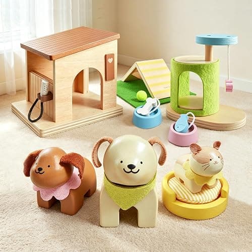 Tiny Land Wooden Dollhouse Animal Set for Toddlers, Dollhouse Accessories & Dolls House Furniture Sets for Toddlers, Montessori Pretend Play Family Pets Set Toys, Gift for Kids Age 3+ - Image 1