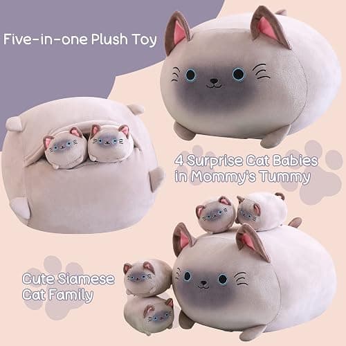 SQEQE Siamese Cat Plush, Cute Siamese Cat Stuffed Animals Mommy with 4 Squishy Kitties in Her Tummy, Soft Plushies Pillow Gifts for Kids thumbnail 3
