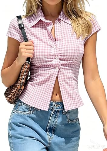 Women Button Up Fitted Blouses Short Sleeve Y2k Shirts Collared Crop Top thumbnail 2