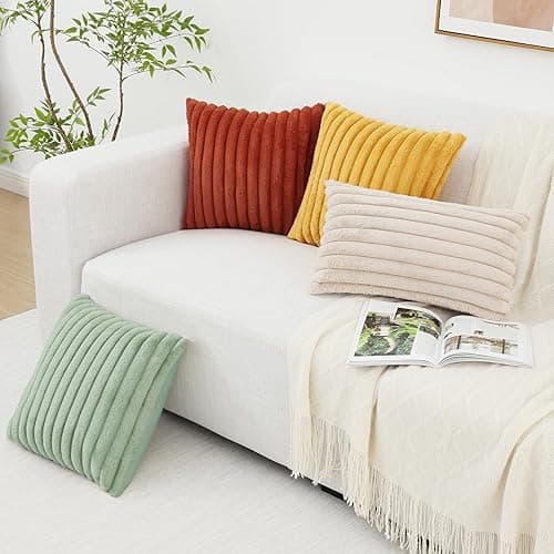 Pallene Faux Fur Plush Throw Pillow Covers 18x18 Set of 2, Luxury Soft Fluffy Striped Decorative Pillow Covers for Sofa, Couch, Living Room, Apricot - 18" x 18" (Pack of 2) - Apricot thumbnail 7