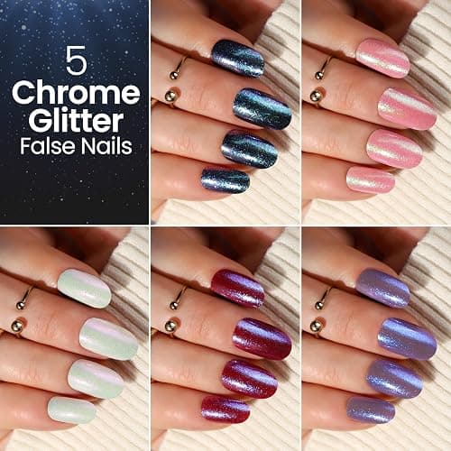 Teenitor 15 Packs Short Oval False Nails with Glue, Matte & Chrome Glitter Press on Nails Short, 360pcs Fake Nails Set with Glue on Nails for Women Girls Short Coffin Nails Tips with Nail Art Sticker thumbnail 3
