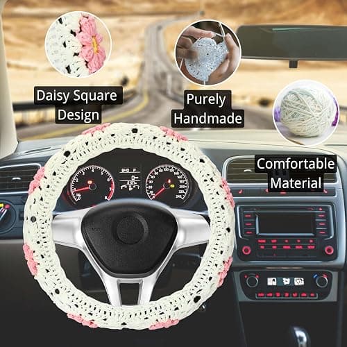 14-15'' Crochet Steering Wheel Cover Set,Vintage Handmade Daisy Granny Square Seat Belt Cover,Boho Car Interior Accessories Decoration for Women HZYZW (HZYZW43, A Wheel Cover) thumbnail 3