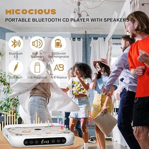 Portable CD Player, Personal CD Player with Bluetooth for Home, Rechargeable Small CD Player with Headphones,Built-in HiFi Speakers, Support CD/AUX/USB, Anti-Skip/Shockproof thumbnail 2