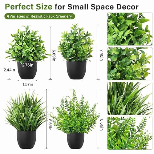 ComRola 4 Pack Small Fake Plants in Black Pots Fern Grass Mix | Faux Artificial Indoor Greenery, Realistic Mini Foliage for Bathroom Decor, Office Shelf & Console Table thumbnail 3