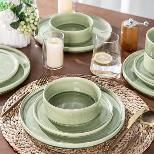 AmorArc Ceramic Dinnerware Set for 6, 18 Pieces Handmade Reactive Glaze Stoneware Plates and Bowls, Scratch Resistanct | Dishwasher & Microwave Safe Stackable Dishes Set - Oliver Green - Service for 6 thumbnail 3