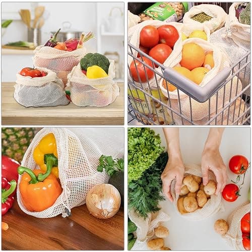 Reusable-Cotton-Mesh-Produce-shopping-Bags-Washable Eco Friendly Premium See Through Lightweight Net zero Bulk Bags for Veggie Fruit Vegetable Grocery Storage (9 Packs) thumbnail 4