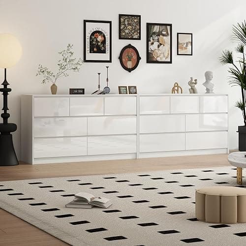 White Malm Dresser for Bedroom, 55 Inch Long Dresser High Gloss Dresser with 7 Drawers, Modern Large Wood Chest of Drawer Handle Free, Dresser for Kids Bedroom, Living Room, Entryway, Hallway, White - White thumbnail 8