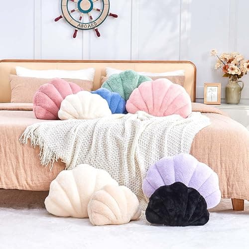 VBGYA Seashell Pillow, Lavender Sea Shell Pillows for Bed, 13" Soft Shell Shaped Decorative Ocean Pillow with Faux Rabbit Fur, Cute Beach Room Decor Seashell Plush Pillows for Couch, Bed thumbnail 6