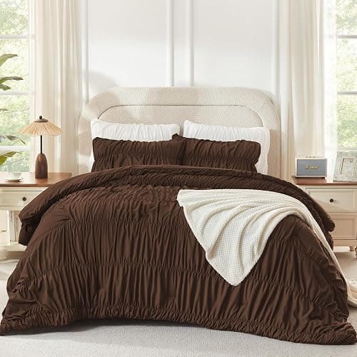 Andency Ruched Brown Full Size Comforter Sets, Shabby Chic Pleatd Bedding Sets 3 Pieces, Lightweight Soft Boho Ruffle Bed Set for Girls, Kids, Women, All Season thumbnail 8