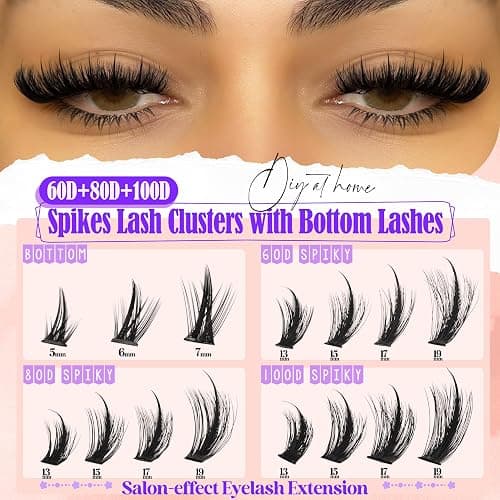 Volume Lash Clusters Spikes Cluster Eyelash Extensions 60D 80D 100D Thick Spiky Individuals Lashes 5-19mm Mega Wispy Eyelash Extension Fluff DIY D Curly Lash Extension with Bottom Lashes 296Pcs thumbnail 2