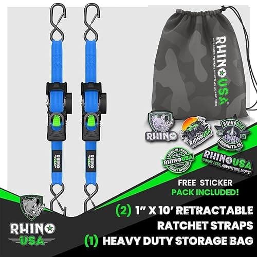 Rhino USA Retractable Ratchet Straps (2-Pack) - 1 Inch x 10 Feet (1,209lb Break Strength) - Auto Self Retracting Tie Down Straps for Truck, Cargo Trailer, Motorcycle, ATV, UTV - Blue thumbnail 6