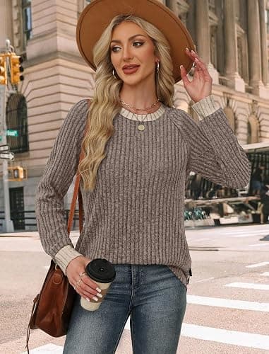 WIHOLL Long Sleeve Shirts for Women Lightweight Sweaters Fall Outfits 2025 Color Block Winter Clothing Dressy Casual Soft thumbnail 4