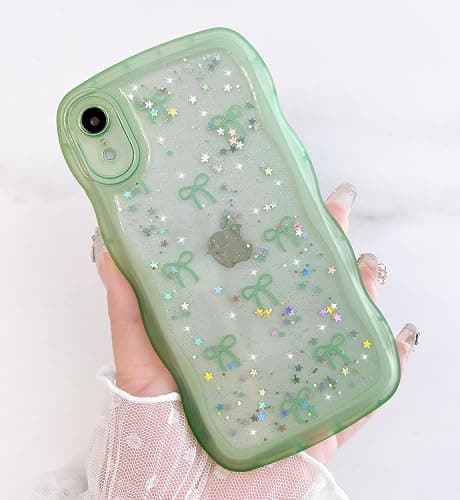 Qokey for iPhone XR Case, Glitter Star & Curved Edge Handle Grip Design, Military-Grade Shockproof Clear TPU Cover, Sparkle Protection Scratch-Resistant, Holographic Sage Green Bow thumbnail 7