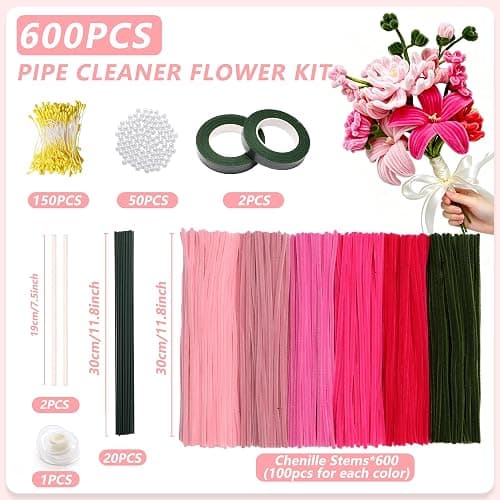 600 PCS Pink Pipe Cleaners Craft Bulk, 6 Pastel Colors Pipe Cleaner Flower Kit, Chenille Stems with Instructions, Floral Wires, Gardening Tape, Stamen, DIY Art and Craft Supplies(Rose Pink Gradient） thumbnail 2