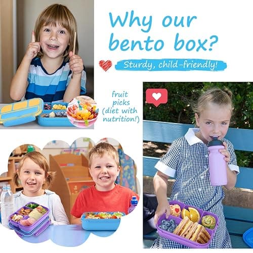 QQKO Bento Lunch Box for Kids Girls Boys, Toddler Kids Lunch Boxes for School, Lunch Containers for Adults with 4 Compartments, Sauce Container, Utensils, Food Picks and Muffin Cups, Blue thumbnail 7