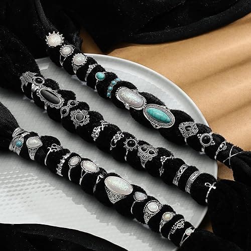 Mixcbe Vintage Silver Knuckle Rings Set for Women Western Turquoise Rings Bohemian Midi Ring Bulk, Chunky Rings,Retro Stone Crystal Stackable Joint Finger Ring Pack thumbnail 2