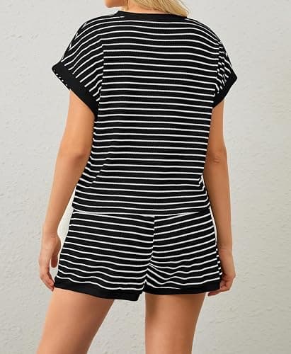MISSACTIVER 2 Piece Lounge Set Women Stripe Knit Short Sleeve Tee Shirts Shorts Casual Summer Loungewear Shorts Sets thumbnail 3