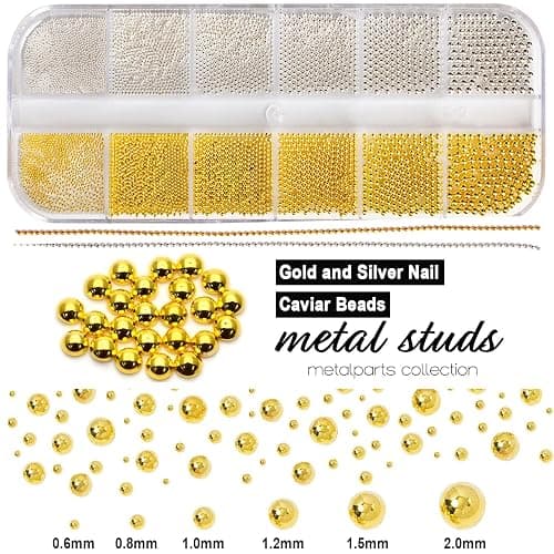 4390pcs Gold Nail Charms Caviar Beads for Nails, 2 Box Silver & Gold Beads for Nails and Flatback Pearls for Nail Art Supplies, Chloe Golden Caviar Chain for Nail Decals Jewelry Accessories thumbnail 3