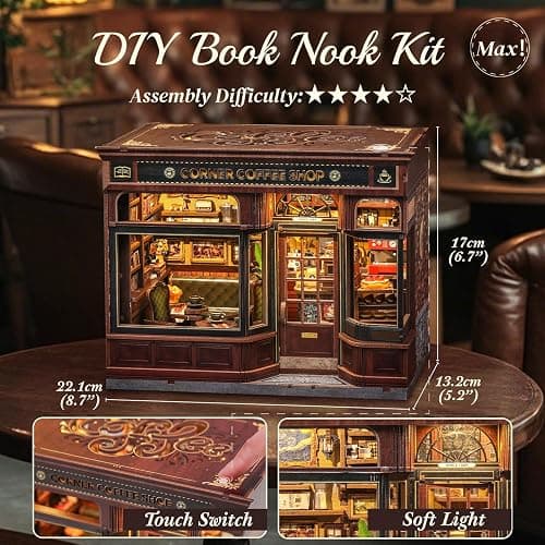 CUTEBEE Book Nook Kit - DIY Miniature House Coffee Shop Dollhouse Kit for Adults and Teens, Booknook Tiny House Bookshelf Decor 3D Wooden Puzzle, Gifts for Family, Friends (Corner Coffee Shop) thumbnail 3