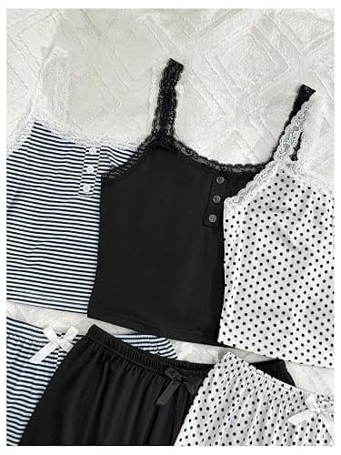 SOLY HUX Women's 6 Piece Pajama Sets Cami Tops and Shorts Sleepwear Set | Lace Pj Sets, Polka Dots Striped Lounge Set thumbnail 4
