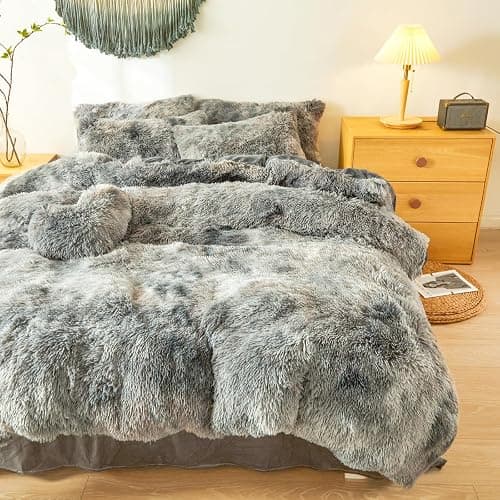 Besfunny Plush Fluffy Tie Dye Dark Gray Comforter Cover Queen Set – Faux Fur Plush Tie Dye Dark Gray Bedding 3-Piece Set (1 Duvet Cover + 2 Furry Pillow Shams) Cozy Bed Set thumbnail 5