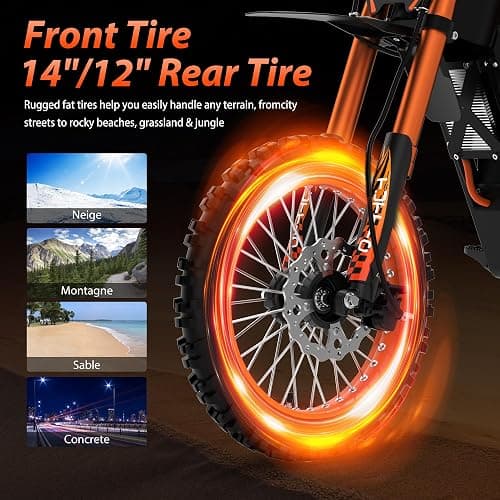 Tuttio Soleil01 Electric-Dirt-Bike with Black Suspension Fork, 14"/12" Fat Tire 2000W Electric-Motorcycle with 48V 21AH Battery 37MPH Hydraulic Brakes Mountain Off-Road EBike for Teens Adults Age 13+ thumbnail 4