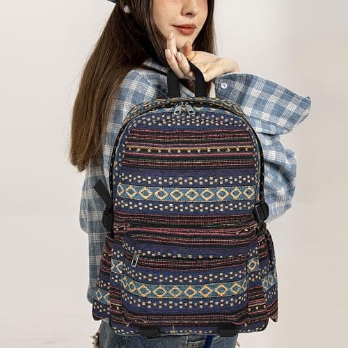 Yaopeing Casual Backpack for Women,Vintage Unique Style Fashion Backpacks Purse, Boho Ethnic Handbag Shoulder Bag,Dark blue thumbnail 3