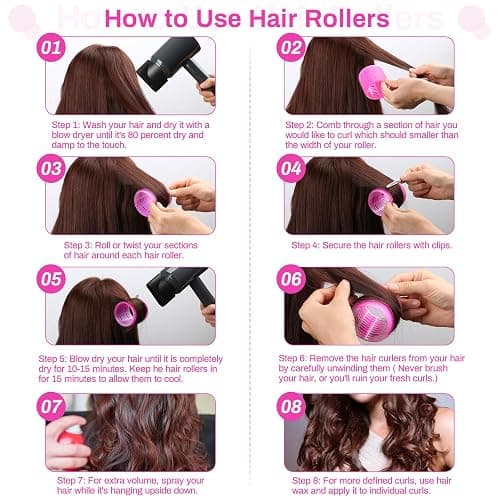 Jumbo Hair Rollers Set - 24 Pieces with 12 Large Rollers and 12 Clips for Voluminous Long Thick Hair (Hot Pink) thumbnail 4