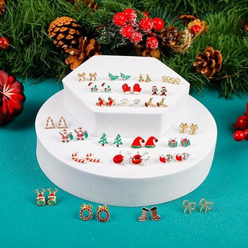 Gushu 30 Pairs Christmas Earrings for Women, Xmas Gifts Holiday Cute Stud Earrings Hypoallergenic Christmas Tree Snowflake Bow Snowman Stocking Santa Claus Elk Stud Festive Party Jewelry Gifts thumbnail 6