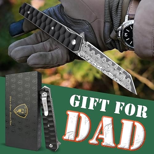 AUBEY Damascus Pocket Knife with Clip, Tanto Blade Damascus Steel Folding Knives for Men Tactical, Aluminum Handle with Glass Breaker for EDC Camping Gift thumbnail 6