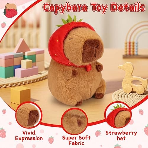 Emoin Capybara Plush Toy with Strawberry Hat 9.8 Inch Kawaii Soft Strawberry Capybara Stuffed Animals Hugging Capibara Baby Girls Gifts thumbnail 4