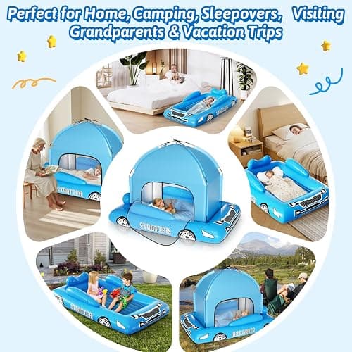 Inflatable Toddler Travel Bed with Tent – Foldable Portable Toddler Bed Cot - Blow Up Kids Air Mattress with Safety Bumper, Pump Carry Bag – Indoor Outdoor Nap Bed for Home, Camping, Hotel (Blue Car) thumbnail 2