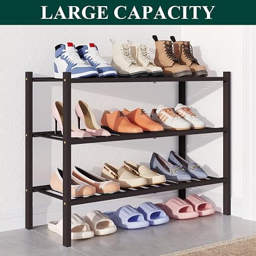 Smiry Bamboo Shoe Rack for Closet, 3 Tier Wooden Stackable Shoe Organizer, Free Standing Shoes Storage Shelf for Entryway, Front Door Entrance, Brown thumbnail 5