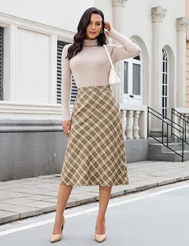 luvamia Plaid Skirts for Women Midi Length High Waisted Trendy A Line Elastic Waist Casual Office Work Fall Skirt thumbnail 6