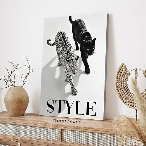 Framed Canvas Wall Art Poster Trendy Cheetah Prints Fashion Black and White Leopard Painting 12x16inch Funny Animal Pictures Preppy Room Decor Aesthetic for Office Dorm Bedroom thumbnail 3