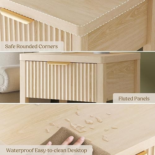 Lulive Fluted Night Stand with Drawers, Fluted Nightstand with Charging Station, Wood Modern Bedside End Table with Storage Drawer for Bedroom, Save Space (Set of 1, Natural Oak) thumbnail 7