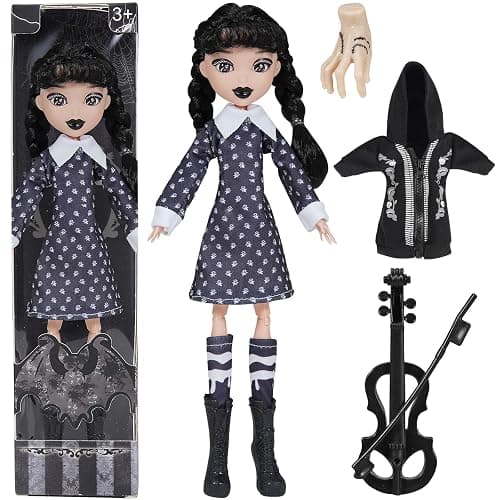 DCSSUB 10" Collectible Doll with Dot Black Dress, Coat, High Heels, Double Ponytail, Violin Accessories & Thing - Image 1