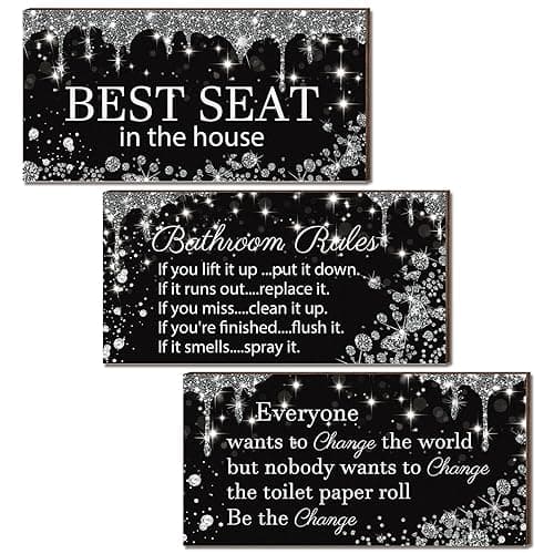 Wenqik 3 Pcs Glitter Diamond Bathroom Decorations Wall Art Rustic Bathroom Wall Decor Black and Silver Decor Silver Shiny Drips Wooden Hanging Signs for Home Spa Decorations