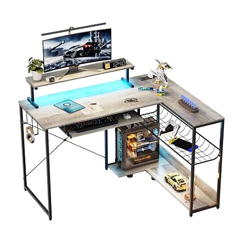 IAISRO L Shaped Gaming Desk with Power Outlets & RGB Lights, 46'' L- Shaped Desk Computer Corner Desk with Monitor Stand & Storage Shelf & Hook, Home Office Desk Writing Desk, Grey thumbnail 9
