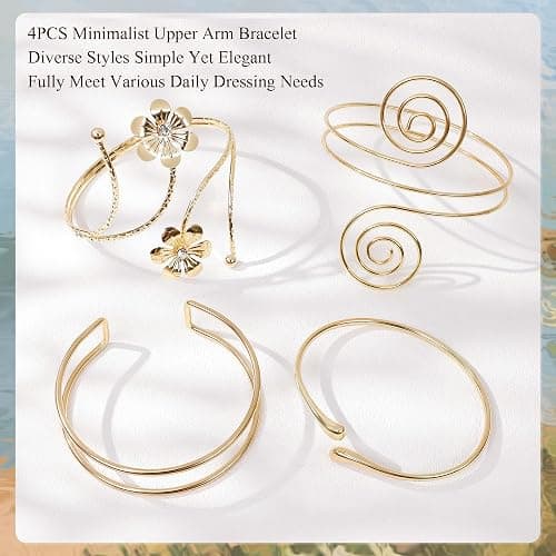 Vegolita 4Pcs Upper Arm Cuff for Women Open Adjustable Arm Bracelets Minimalist Coil Arm Armband Set thumbnail 2