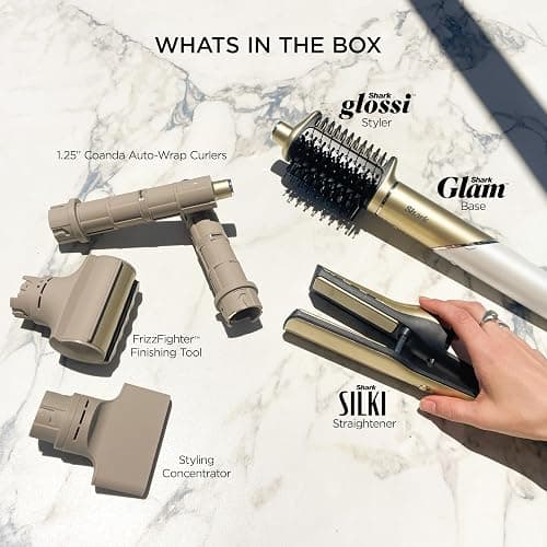 Shark Glam Ceramic & Powerful Air Styling & Drying System, with Silki Straightener & Shark Glossi Air Glosser, for Drying, Curling, Straightening & Glossing, Gold, HD6051S (Straight & Wavy Hair) thumbnail 17