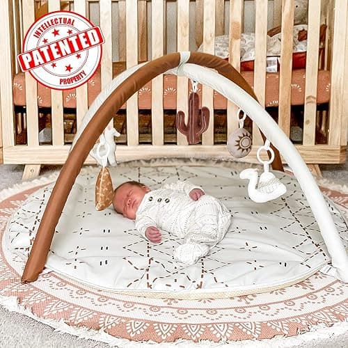 Baby Play Mat, Macrame Activity Gym Stage-Based Sensory and Motor Skill Development Language Discovery Baby Play Gym and Playmats for Newborn with 6 Featured Toys Thicker and Non Slip Mat - Macrame thumbnail 2